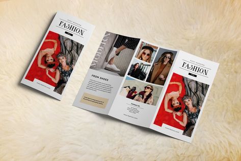 Fashion Trifold Brochure Template InDesign INDD. Download Fashion Brochure Design, Retail Store Interior Design, Brochure Design Layout, Fashion Design Template, Trifold Brochure Design, Fashion Poster Design, Free Brochure Template, Marketing Brochure, What Is Fashion