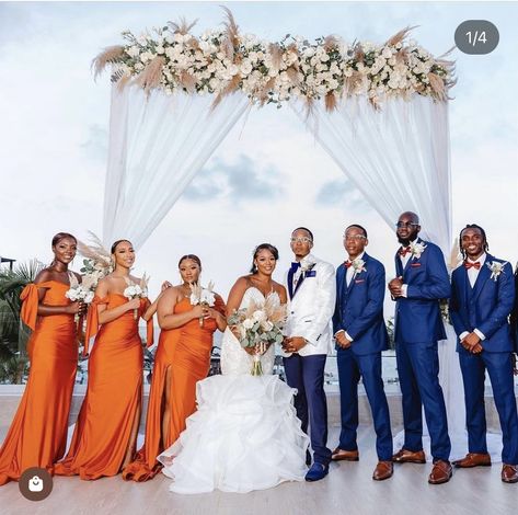 Royal Blue Orange Wedding, Blue Wedding Black People, Royal Blue And Orange Wedding Theme, Navy Blue And Orange Wedding Theme, Orange And Blue Bridesmaid Dresses, Burnt Orange And Navy Blue Wedding, Navy Blue And Burnt Orange Wedding, Royal Blue And Orange Wedding, Blue And Orange Wedding Theme