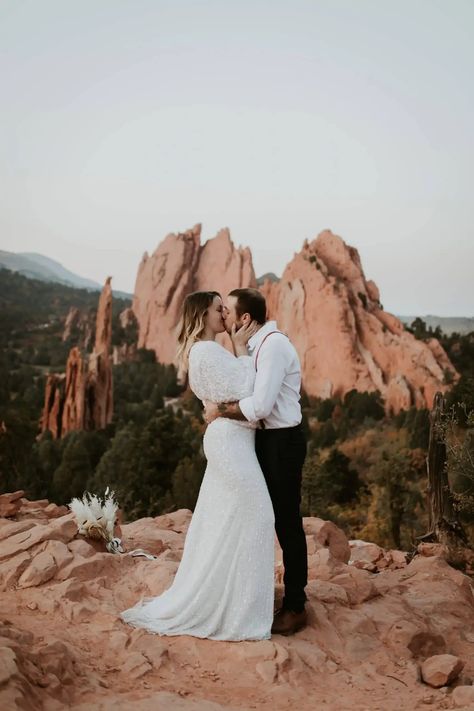 Elopement Gown, Simple Elopement, Asos Wedding, Sunset Elopement, Elopement Colorado, Colorado Adventures, Garden Of The Gods, Colorado Elopement, Red Rocks