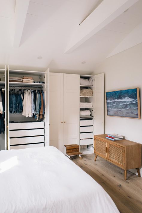 How We Designed Our IKEA PAX Wardrobe Ikea Wardrobe System, Pax Wardrobe Drawers, Ikea Pax Drawers, Ikea Pax Wardrobe Ideas Small Bedroom, Pax Wardrobe Layout, Freedom Wardrobes, Ikea Glass Door Cabinet, Pax Ideas, Ikea Closet Ideas