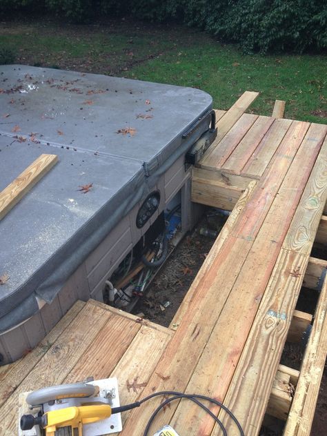 Replacing Hot Tub Skirting, Hot Tub Steps Ideas, Hot Tub Built Into Deck, Hot Tub On Deck, Jacuzzi Deck, Swim Spa Deck, Hot Tub Deck Design, Spa Deck, Hot Tub Steps