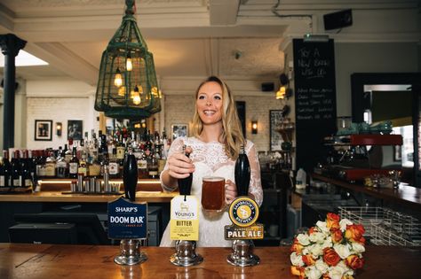 Bride pouring a pint of beer behind the bar of the pub Pint Of Beer, The Pub, The Bar, Star Fashion, My Favourite, Beer, Wedding Photography, Bar, Photography