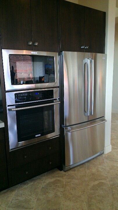 Stove, microwave and fridge next to each other. Must be counter depth fridge. Counter Depth Fridge, Kitchen Rehab, Kitchen Projects Design, Budget Kitchen Makeover, New Westminster, Budget Kitchen, Kitchen Solutions, Future Kitchen, Grandma's House