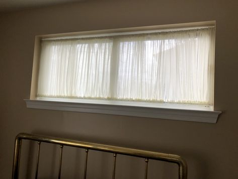 Sheers, how to cover a long narrow window. Basement Window Coverings, Horizontal Windows, Narrow Windows, Narrow Window, Door Treatments, Basement Window, Basement Windows, Basement Bedroom, Youth Room