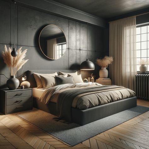 Snug, modern bedroom with dark, Industrial style. King-sized platform bed with neutral pillows and throw blanket. Circular mirror on grey wall, bedside chest with decorative items. Contemporary black lamp, floor-to-ceiling windows with white curtains, plants in vases, jute rug in Slate and navy tones. Warm and welcoming atmosphere. Black And Oatmeal Bedroom, Bedroom Ideas Black And Beige, Bedroom Inspirations Grey Headboard, Blue Beige Bedroom Ideas, Beige And Black Room Aesthetic, Dark Grey And Beige Bedroom, Dark Grey Headboard Bedroom, Dark Grey Headboard Bedroom Ideas, Beige And Black Bedroom Ideas