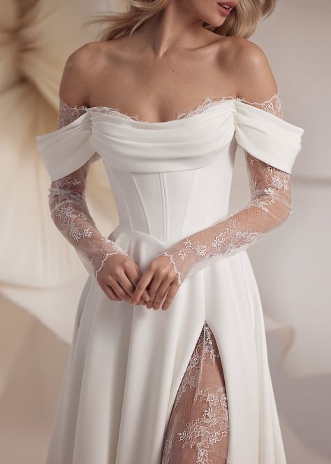 eva-lendel Wedding Gown Off Shoulder Lace, Baccara Gown, Drape Shoulder Wedding Dress, Bacara Wedding Dress, Corset Top Off The Shoulder Wedding Dress, Wedding Gown Jacket, Split Sleeve Wedding Dress, Off Shoulder Wedding Dress With Sleeves, Baccara Wedding Dress