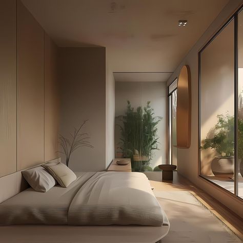 The serene and minimalist Japandi bedroom features an all-beige colour scheme with dark brown accents, boasting floor-to-ceiling windows on one side that offer views of a lush garden. Soft lighting illuminates the space, complementing the muted tones and calming vibes. A small white bed crafted from oak wood and cream linen sheets takes center stage. The room exudes tranquility and elegance, capturing the essence of its minimalist yet inviting atmosphere. 🙋🏻‍♀️Follow @japandiinteriordesign... Minimalist Japandi Bedroom, Japandi Bedroom Ideas, Japandi Bedroom Design, Minimalist Japandi, Bedroom Tile, Dark Wood Bedroom, Modern Japandi, Japandi Bedroom, Beige Color Scheme