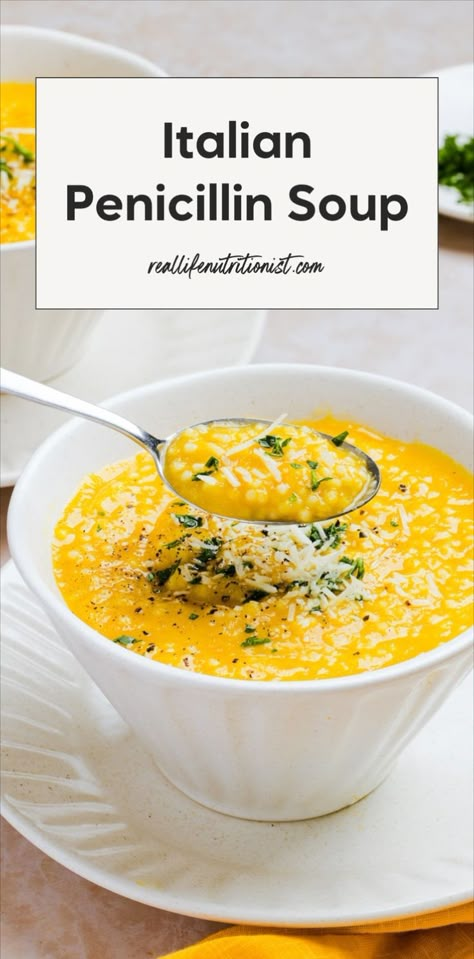 This Italian penicillin soup is the perfect warm and delicious meal for cozy nights. Known as the best Italian penicillin soup, it’s easy to make and completely vegetarian. Try this comforting penicillin soup recipe for a flavorful bowl of goodness. Penicillin Soup, Italian Penicillin, Soup With Veggies, Weekly Dinner Ideas, Pastina Recipes, Pastina Soup, Cozy Soup, Nutritional Snacks, Weekly Dinner