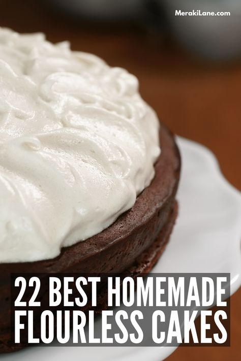 22 Best Homemade Flourless Cake Recipes | If you follow a gluten-free diet, that doesn't mean you can't eat cake! Whether you're making a birthday cake for your child's birthday, or just need to satisfy a craving for something sweet, we've curated a list of easy and delicious flourless cake recipes to try! With more unique options than just chocolate, our list includes recipes like pumpkin spice, lemon, vanilla, and coconut cakes. No Flour Cake Recipes, Flourless Vanilla Cake Recipe, Flourless Cake Recipe, Cake Without Flour, Flourless Cakes, Flourless Cake Recipes, Chocolate Roulade, Coconut Cakes, Pear And Almond Cake