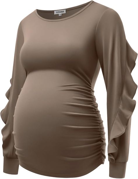 GINKANA Maternity Tops Ruffle Long Sleeve Maternity Shirts Tshirt Side Ruched Pregnant Blouse Casual Pregnancy Tunic,Apricot,L at Amazon Women’s Clothing store Pregnant Blouse, Maternity Shirts, Casual Blouses, Shirts Cute, Mama Tee, Nursing Tops, Stylish Maternity, Ruffle Long Sleeve, Blouse Casual