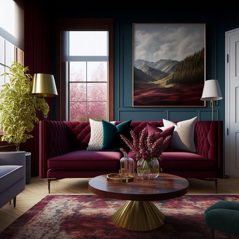 Created with Midjourney AI Dark Red Living Room, Burgundy Couch, Burgundy Office, Navy Living Room, Burgundy Room, Burgundy Living Room, Red Living Room, Navy Living, Navy Living Rooms