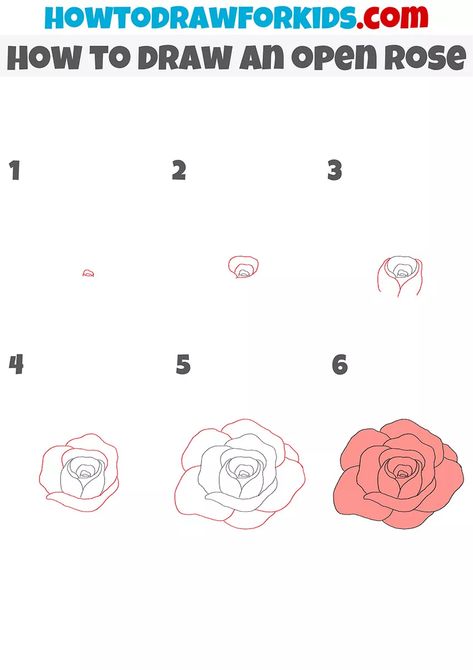 How to Draw an Open Rose - Easy Drawing Tutorial For Kids How To Draw Small Roses, Drawing Roses Step By Step Easy, How Do You Draw A Rose, Rose Drawing Tutorial Step By Step, Rose Top View Drawing, How To Draw Roses Step By Step Easy, Roses Easy Drawing, Easy Drawing Rose, Red Rose Drawing Easy