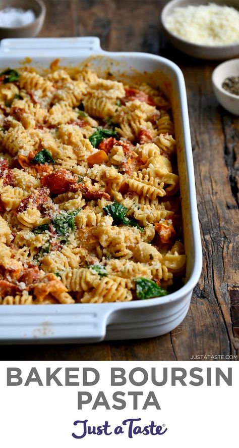 A white baking dish containing Baked Boursin Cheese Pasta with Sundried Tomatoes and Spinach sprinkled with parmesan cheese. Baked Boursin Cheese, Pasta With Sundried Tomatoes, Boursin Cheese Pasta, Baked Boursin, Sundried Tomato Recipes, Boursin Cheese Recipes, Baked Pasta Recipe, Spinach Tomato Pasta, Easy Supper Recipes