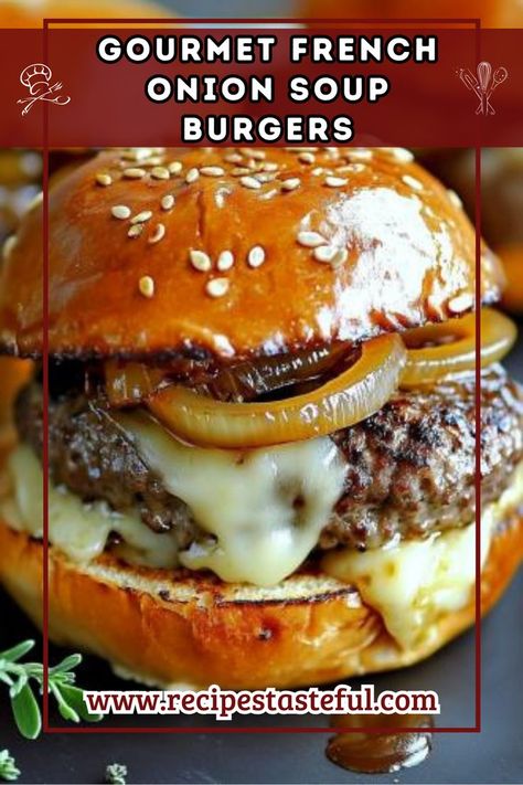 A culinary fusion that combines the rich, savory essence of French onion soup with the hearty satisfaction of a gourmet burger. Perfect for any occasion! French Onion Soup Burgers, French Onion Soup Burger Recipe, French Onion Soup Burger, Onion Soup Burgers, French Onion Burger, French Fried Onion Recipes, Fried Onions Recipe, Homemade Hamburger Patties, American Burger