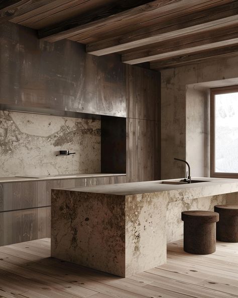 Rustic Concrete Kitchen, Raw Wood Interior Design, Tulum Inspired Kitchen, Wood And Stone Kitchen, Kitchen Island Stone, Rustic Kitchen Island Ideas, Stone Kitchen Island, Kitchen Design Rustic, Natural Stone Kitchen