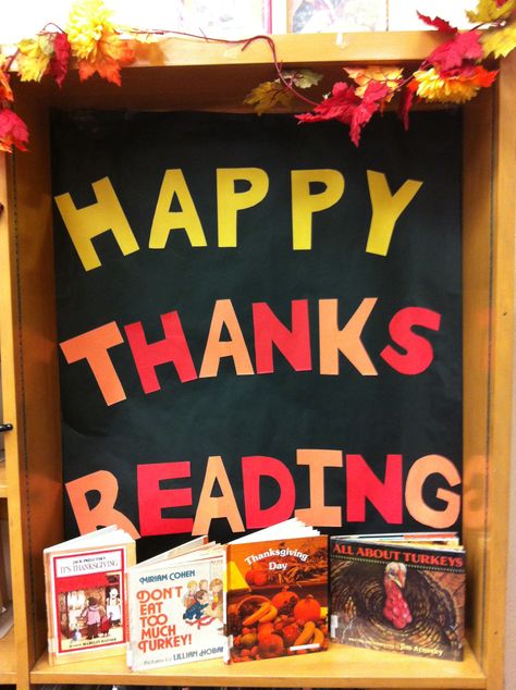 Thanksgiving display in the School library Thanksgiving Decorations For School Library, Library Thanksgiving Displays, Library Thanksgiving, Nonfiction November, Fall Library Displays, Thanksgiving Display, Book Bulletin Board, School Library Bulletin Boards, Library Poster