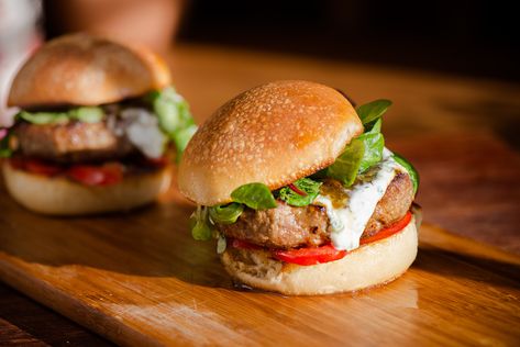 Minted Lamb Burgers with Ballymaloe Mint Jelly Lamb Burgers, Baked Tomatoes, Potato Bread, Cumin Seeds, Yogurt Sauce, Burger Buns, Burger Recipes, Fresh Mint, The Mediterranean