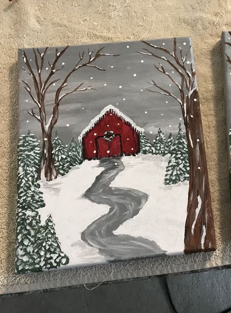 Easy Acrylic Winter Painting Ideas, Pretty Christmas Paintings, Crismas Painting On Canvas, Winter Inspired Paintings, Christmas Things To Paint On Canvas, Easy Paintings For Christmas, Christmas Sky Painting, Cute Things To Paint Christmas, Winter Canvas Ideas