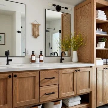 Transitional Bathroom - Transitional - Bathroom - Seattle | Houzz Calming Neutral Bathroom, Bathroom Lighting Beside Mirror, Black And Light Wood Bathroom, Farmhouse Contemporary Bathroom, High Contrast Bathroom, Modern Shiplap Bathroom, Bathroom With One Sink, Bathroom With Gold Hardware, Bathrooms With Black Fixtures