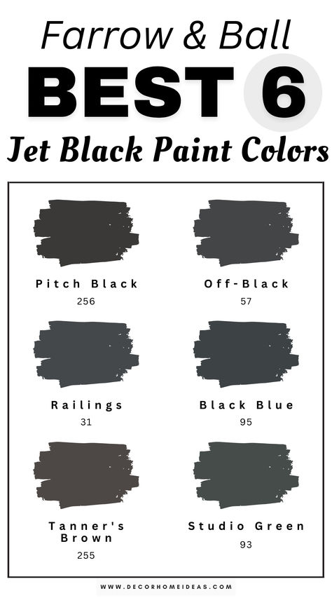 Discover the 6 best jet black paint colors from Farrow & Ball that add a bold, timeless touch to any space. Explore their rich hues, luxurious finishes, and unique undertones to find the perfect shade for your walls, furniture, or accents. Which one will suit your style best? Off Black Paint Color, Warm Black Paint Color, Off Black Paint, Black Paint Colors, Trim Paint Color, Black Paint Color, Dark Trim, Studio Green, Best Flats