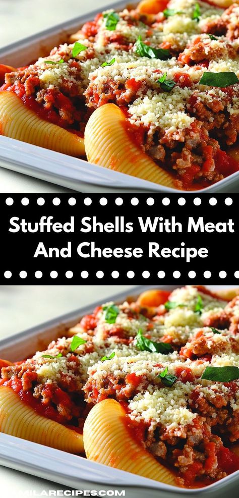 Need an easy casserole for your next gathering? Discover these stuffed shells filled with savory meat and gooey cheese. This crowd-pleaser is a fantastic option for stress-free family dinners. Stuffed Meat Shells, Stuffed Shells With Ground Beef And Ricotta Cheese, Meat Stuffed Shells, Recipe For Stuffed Shells, Ground Beef Stuffed Shells, Stuffed Shells With Ground Beef, Cheesy Stuffed Shells, Lasagna Stuffed Shells, Sausage Stuffed Shells