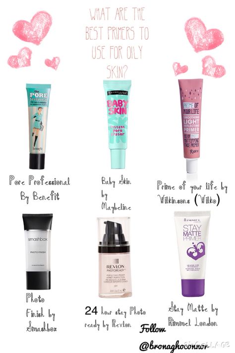 What are the best primers for oily skin? My skin is fairly oily and I always find it so hard to keep my makeup on all day without doing touch ups in between, so I did a bit of reviewing and research and now have managed to come up with 6 primers which in my opinion work best with oily skin. They may all work just as well if you have dry skin or a combination of both but from my personal experience and researching others these are they No.1 primers for oily skin!xo Make Up For Bad Skin, Good Primers For Oily Skin, Drugstore Primer For Oily Skin, Drugstore Makeup Oily Skin, Best Drugstore Primer For Oily Skin, Oily Makeup Tips, Oily Skin Makeup Products, Best Makeup For Oily Skin, Oily Makeup