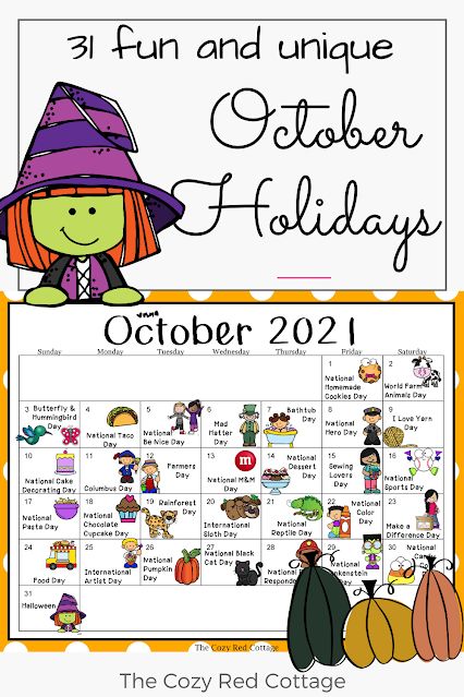 Free October Holiday Calendar October Fun Calendar, October Activities Calendar, Monthly Holidays, October Kids, Make A Difference Day, October School, National Sports Day, National Cookie Day, Halloween Planner