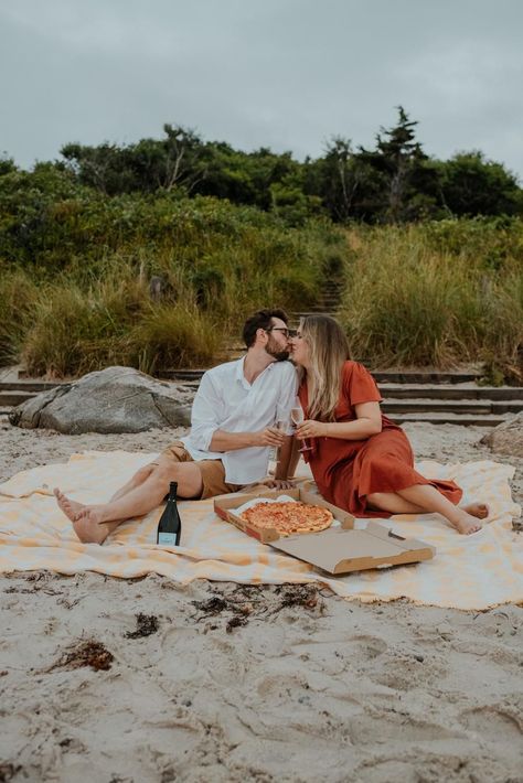 best Massachusetts engagement photographer, best Massachusetts wedding photographer, couple in cape cod with pizza, fun engagement photos, fun engagement prop ideas, champagne, picnic at the beach Pizza Picnic Photoshoot, Props For Engagement Pictures, Engagement Photos With Props, Cape Cod Engagement Photos, Beach Picnic Engagement Photos, Champagne Picnic, Engagement Photos Fun, Engagement Photo Shoot Beach, Picnic At The Beach