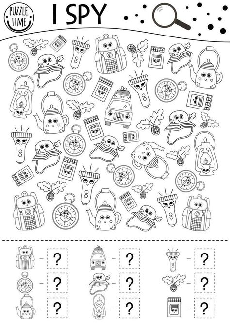 Camping I spy black and white game for kids. Searching and counting outline activity or coloring page with summer camp equipment. Funny printable worksheet with smiling kawaii objects. Kawaii Objects, Black And White Game, Pictures To Color, Funny Printables, White Pictures, Game For Kids, I Spy, Camping Equipment, Black And White Pictures