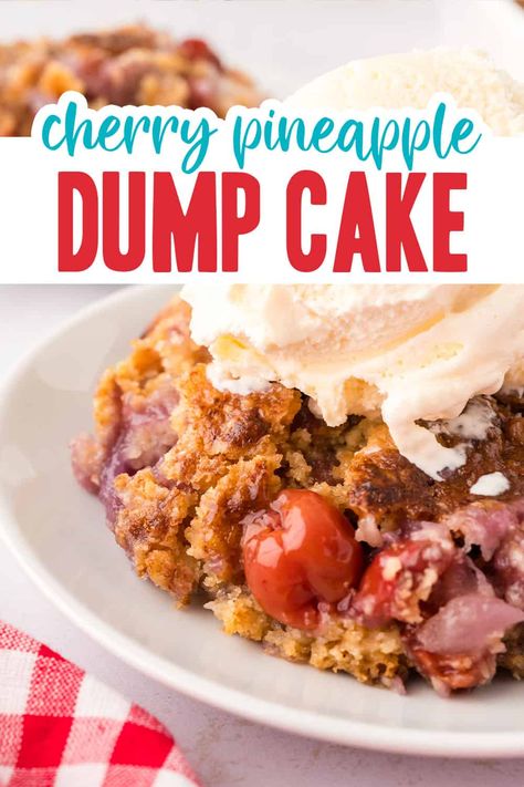 Sweet yellow cake over a cherry pineapple filling! This Cherry Pineapple Dump Cake only needs 4 ingredients and 5 minutes of prep - couldn't be easier or more tasty! Easy Cherry Dump Cake, Cherry Treats, Pineapple Dump Cake Recipe, Cake With Pecans, Whip Cookies, Cherry Cakes, Cherry Pineapple Dump Cake, Cherry Dump Cake Recipe, Pineapple Dump Cake