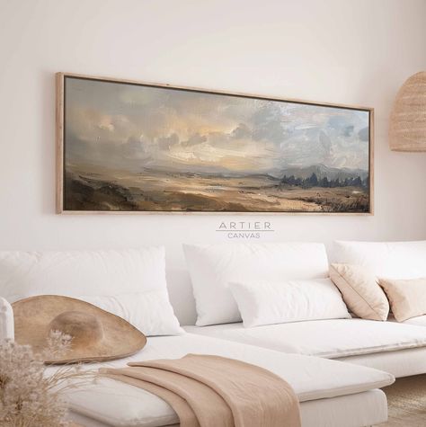 Abstract Moody Landscape Wall Art, Vintage Field Canvas Print, Panoramic Horizon Landscape, Ready To Hang, Above Bed Decor, Ready To Hang If your home's atmosphere seems to be missing something, you just might need our stunning floating framed canvas! Immerse yourself in tranquility with our Vintage Style Canvas Wall Art, a collection that infuses peace and serenity into every space. Each canvas is a masterpiece of calm, meticulously designed to create an oasis of quiet elegance in your home.  W French Country Artwork, Over The Bed Canvas, King Bed Artwork, Wall Art Above Bed Ideas, Framed Photos Above Bed, Above The Bed Wall Art, Art Above King Bed, Art Above Headboard, Artwork Over Fireplace