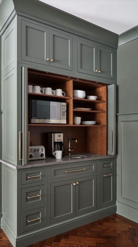 Wainscot Paneling, Kitchen Pantry Design, Dry Bar, Green Cabinets, Kitchen Room Design, Kitchen Inspiration Design, Pantry Design, Farmhouse Dining Room, Kitchen Redo