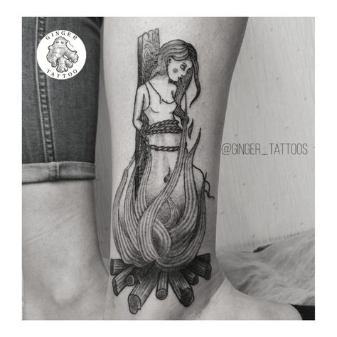 Witch on fire smoking tattoo dotwork linework Witch Burned At Stake Tattoo, Book On Fire Tattoo, Burning Witch Drawing, Woman On Fire Tattoo, Girl On Fire Tattoo, Witch Burning Tattoo, Burning Witch Tattoo, Burning Witch, Coverup Ideas