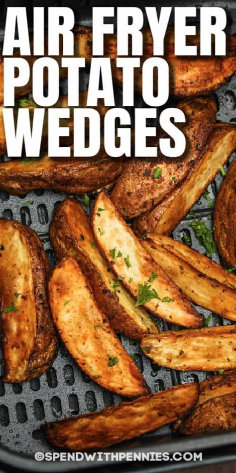 Air fryer potato wedges are perfectly seasoned and so flavorful! They are a quick and easy snack or side dish! #spendwithpennies #airfryerpotatowedges #appetizer #sidedish #recipe #crispy #easy #best #seasoned #homemade Fried Potato Wedges Recipe, Air Fried Potato Wedges, Fried Potato Wedges, Air Fryer Potato Wedges, Air Fry Potatoes, Air Fryer Potato, Potato Wedges Recipe, Wedges Recipe, Fried Potato