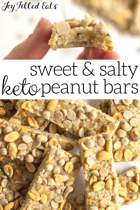 Sweet and salty peanut bars with roasted peanuts and peanut butter chips are the snack you have been looking for! These are the best keto protein bars I have ever tried and are easier to make than you think! Just 2.8 net carbs each! Peanut Bars, Thm Snacks, Keto Protein Bars, Low Carb Protein Bars, Clean Desserts, Thm Breakfast, Keto Protein, Peanut Butter Protein Bars, Keto Eating