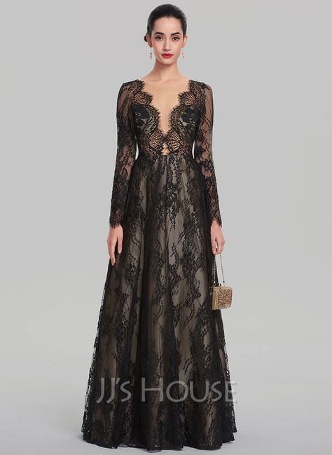 A-Line/Princess V-neck Floor-Length Lace Evening Dress (017137362) Simple Long Dress, Black Wedding Gowns, Gown Inspiration, Lace Evening Dresses, Neck Lace, Custom Dresses, Event Dresses, Beautiful Gowns, Couture Dresses