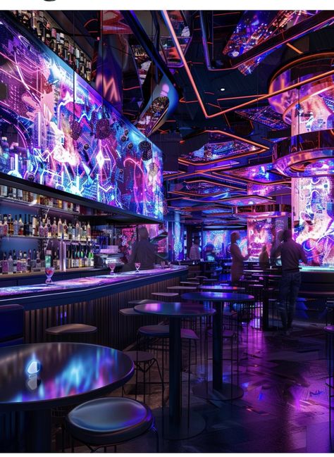 Cyberpunk Party Aesthetic, Punk Party Aesthetic, Club Life Aesthetic, Sci Fi Bar, Cyberpunk Nightclub, Scifi Bar, Cyberpunk Room Interiors, Cyberpunk Moodboard, Futuristic Club