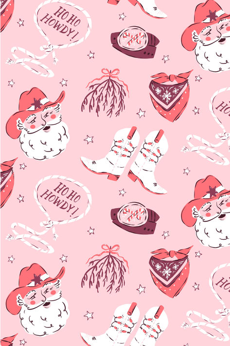 It's a very western Pinkmas! This cute pattern features cowboy santa, mistletoe tumbleweeds, ho ho howdy lassos and more! Illustrated by Krissy Mast Western Christmas Background Wallpapers, Texas Christmas Wallpaper, Disco Cowboy Wallpaper, Cowgirl Christmas Aesthetic, Christmas Cowboy Wallpaper, Western Christmas Phone Wallpaper, Christmas Cookie Background, Cowgirl Christmas Wallpaper, Santa Phone Wallpaper