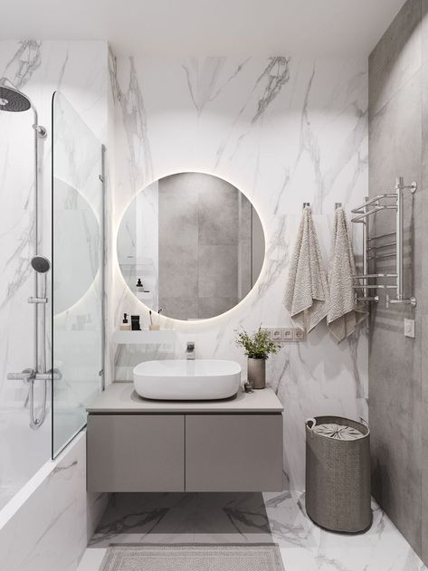 Small Bathroom Ideas White And Grey, Modern Bathroom Grey And White, Bathroom Interior Design Luxury Modern Marble, Grey Aesthetic Bathroom, Small Bathroom Grey And White, Light Grey Bathroom Ideas Modern, Silver And Marble Bathroom, Carrara Bathroom Ideas, Grey And White Marble Bathroom Ideas