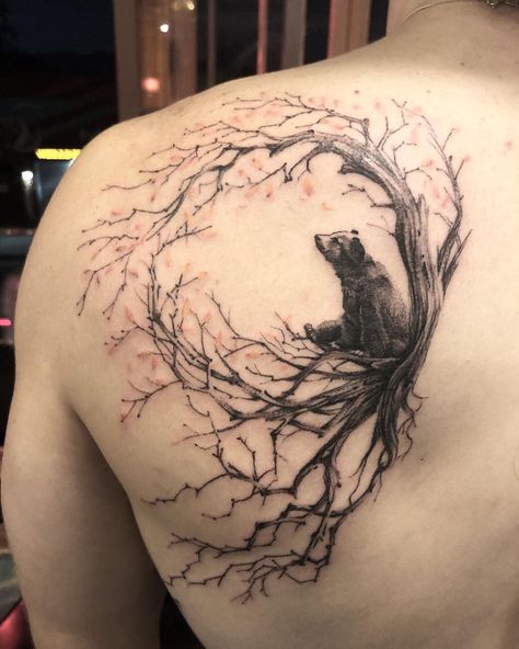 Tree Tattoo On Back Women, Bear Moon Tattoo, Bear Sleeve Tattoo For Women, Back Tattoo Tree, Tree Branch Tattoos For Women, Bear Climbing Tree Tattoo, Tree Moon And Stars Tattoo, Bear Trees Tattoo, Tree Thigh Tattoo