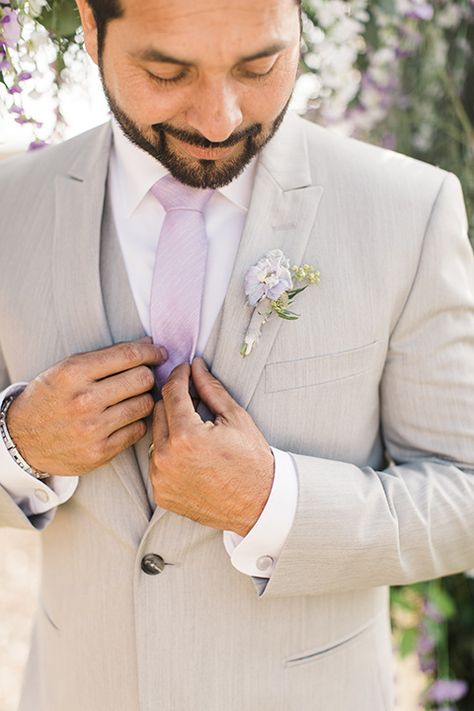 Romantic Winery Wedding | Stitch & Tie Blog | Stitch & Tie Groomsmen Attire With Lavender, White Suit With Purple Accents, Tan Suit With Purple Tie, Groomsmen Attire Light Purple, Wedding Suits Groom Lilac, Grey Suit With Lilac Tie, Cream Colored Wedding Suit, Lavender Wedding Groom, Grey And Lilac Suit