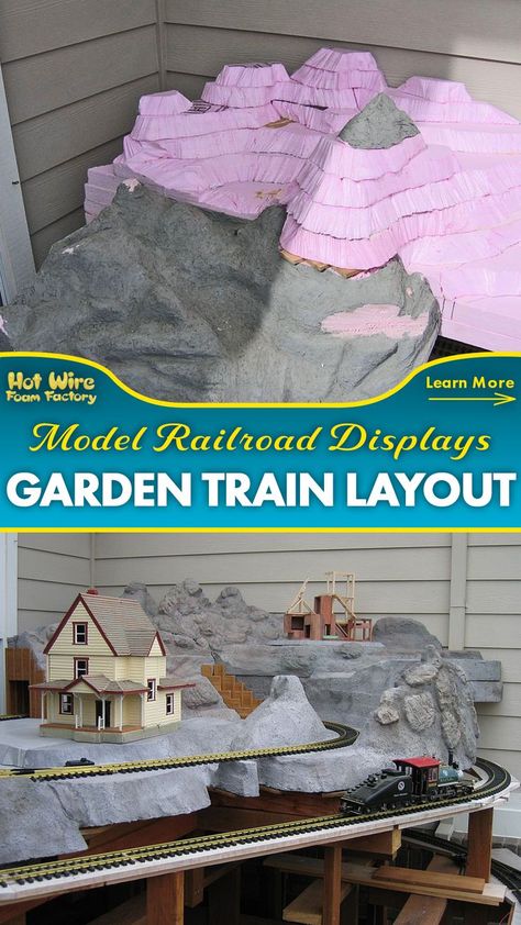 small outdoor model train garden layout made out of pink insulation foam Model Train Display, Xps Foam, Train Display, Styrofoam Crafts, Foam Factory, Garden Trains, Dept 56 Snow Village, Train Platform, Ho Model Trains