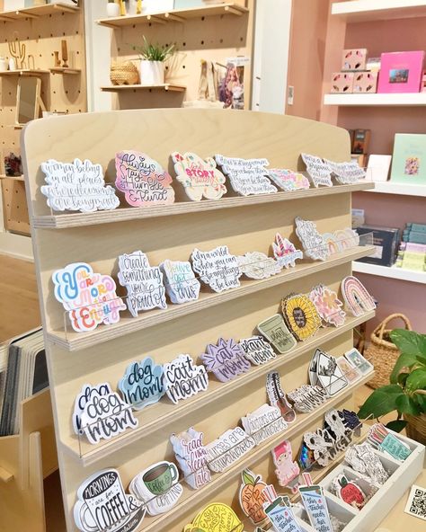 Pop Up Store Small Business, Acrylic Sticker Display, Vendor Sticker Display Ideas, Sticker Display Ideas Retail Diy, Sticker Retail Display, Sticker Holder Display, Displaying Stickers For Sale, Washi Tape Display, Craft Show Sticker Display