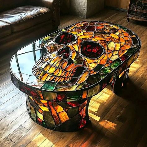 Funky Painted Coffee Table, Unique Furniture Painting, Stained Glass Skull, Crazy Furniture, Coffee Table Designs, Coffee Table Unique, Artistic Furniture, Gothic Home, Gothic Skull