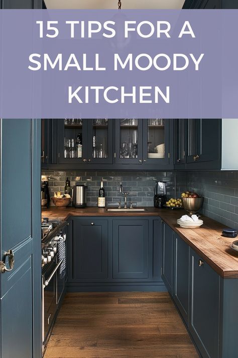 Turn your small kitchen into a moody space with these tips and decor ideas. Moody Kitchens Dark, Small Dark Kitchen Ideas Apartment, Small Moody Kitchen Ideas, How To Decorate A Dark Kitchen, Moody Galley Kitchen, Moody Kitchen Colors, Moody Small Kitchen, Modern Moody Kitchen, Small Kitchen Dark