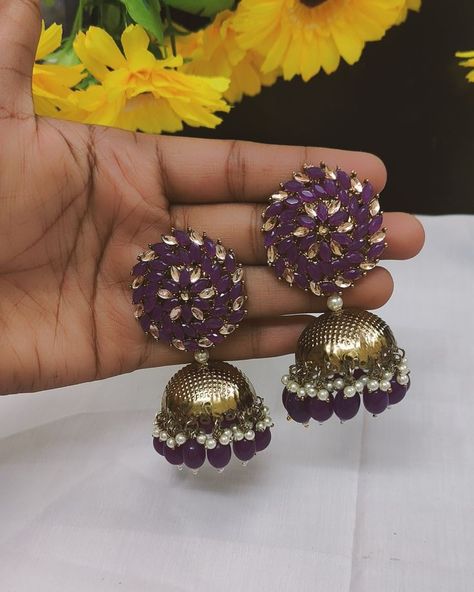 Purple Indian Suit, Purple Jhumka, Earrings For Saree, Purple Jewelry Set, Jewellery Board, Grape Color, Purple Saree, Fancy Jewellery Designs, Indian Jewellery Design Earrings