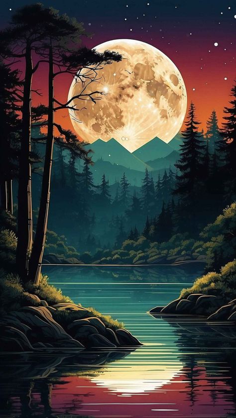 Nighty landscape - Leonardo AI Prompts Aurora Sky, Painted River Rocks, Forest Moon, Minimalistic Art, Deep Lines, Moon Illustration, 8k Wallpaper, Moon Painting, Moon Rise