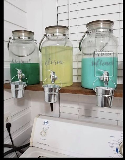 Clear Canister Decor Ideas, Laundry Room Canister Ideas, Laundry Room Container Ideas, Laundry Room Restock, Laundry Jars Organization Ideas, Laundry Room Detergent Dispenser, Laundry Room Soap Dispenser Ideas, Laundry Dispenser Ideas, Laundry Room Detergent Storage Ideas