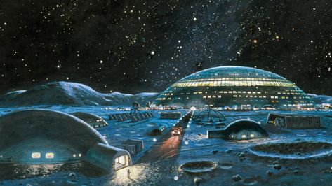 BBC - Future - Should we build a village on the Moon? Space Cities, Moon Hotel, Space Hotel, 70s Sci Fi Art, Eve Online, Mike Mignola, Sci Fi Environment, Building Illustration, Classic Sci Fi