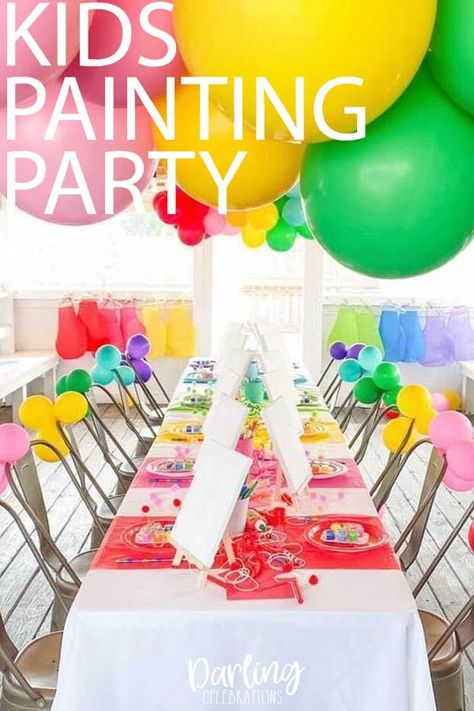 Painting Party (fun Paint Party Ideas for Kids) - Darling Celebrations Paint Party Set Up Ideas, Diy Paint Party Kids, Kids Paint And Sip Party Ideas, Kids Sip And Paint Party Ideas, Painting Party Ideas For Kids, Paint Party Ideas For Kids, Painting Party For Kids, Girls Painting Party, Painting Party Ideas